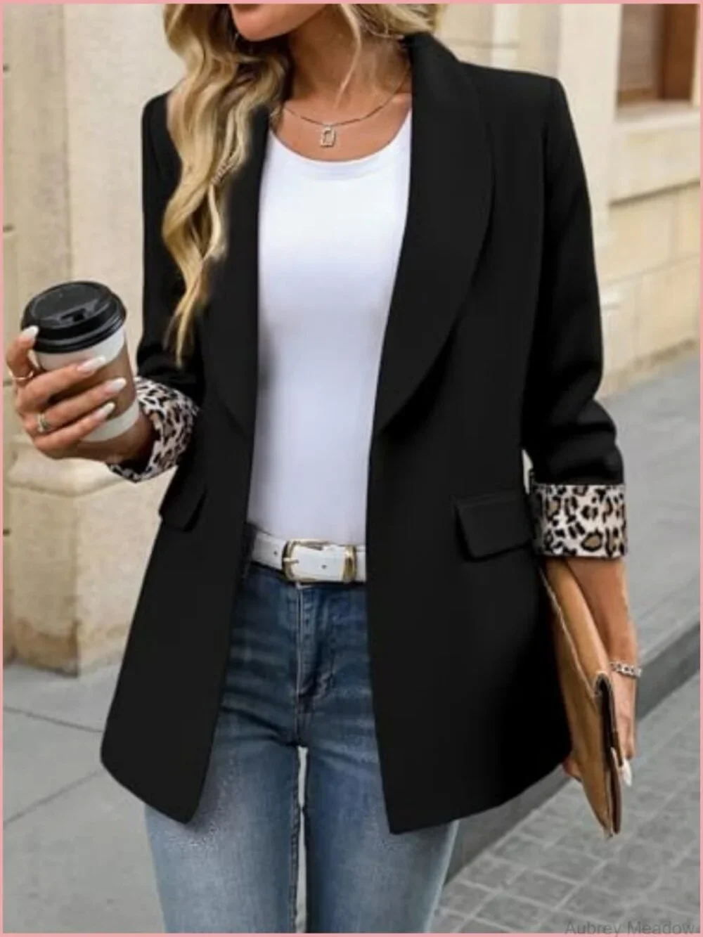 Women's Business Casual Blazer with 3/4 Sleeves and Leopard Lining